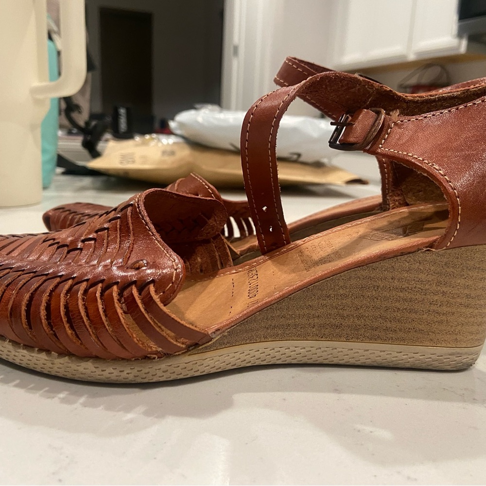 Maya Brown Woven Leather Wedge Sandals - Picture 9 of 10